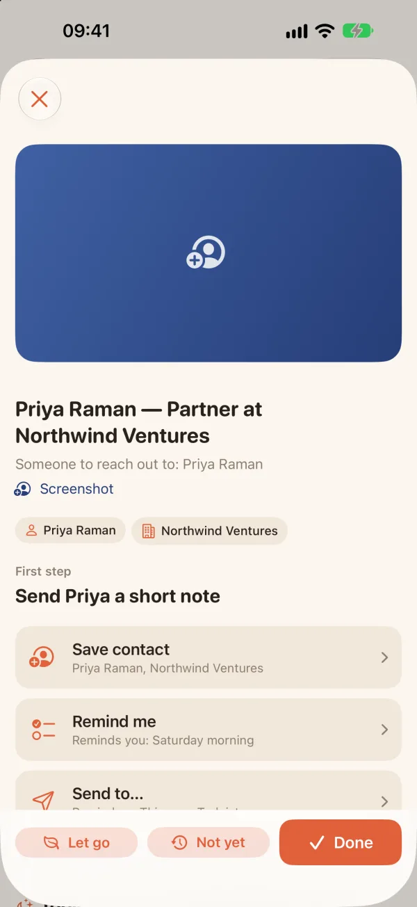 A saved screenshot of an investor, with a first step, Send Priya a short note, and actions to save the contact and set a reminder.